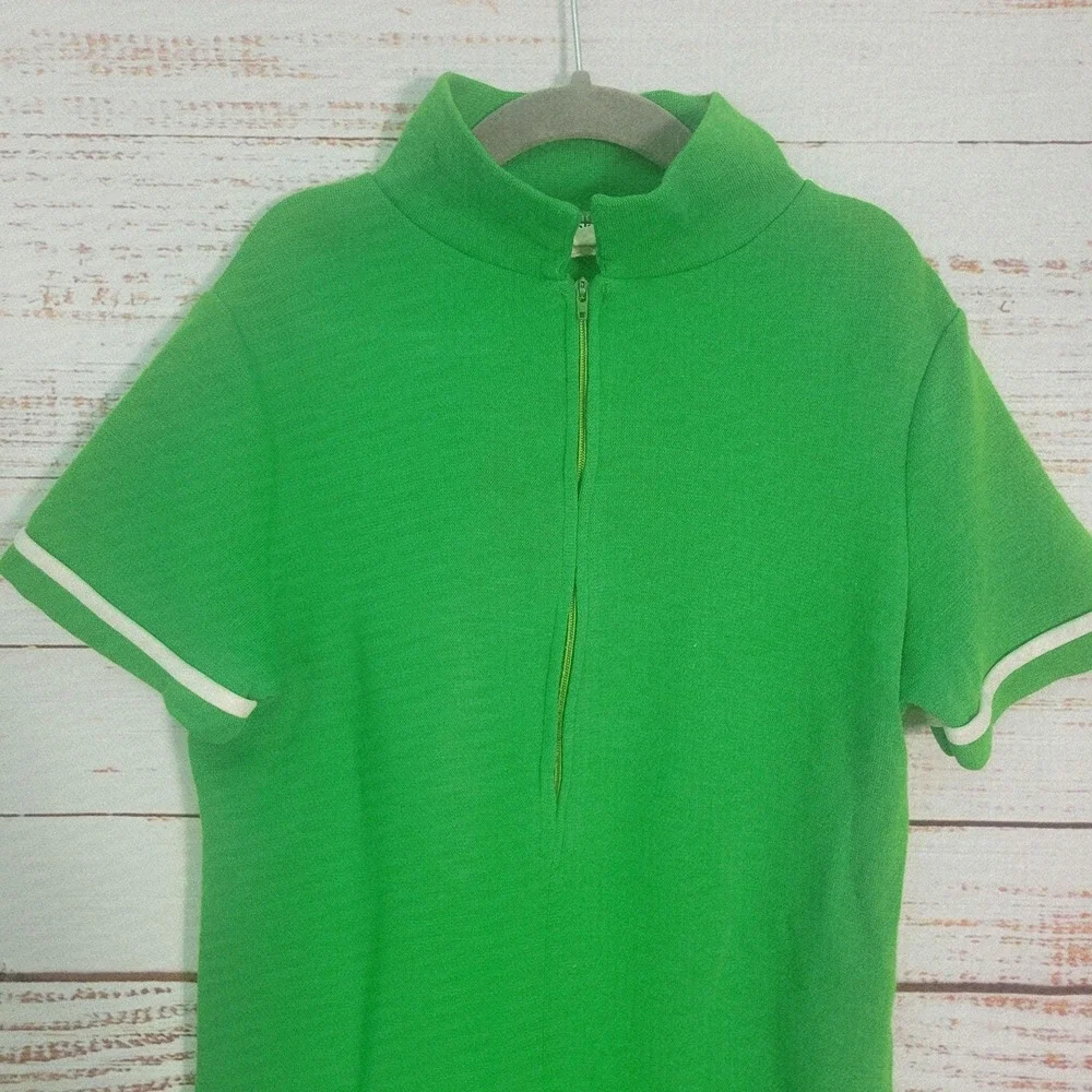 Vintage Girls Large Green Mod Knit Zip Front Drop Waist Dress 1960s Play Dress